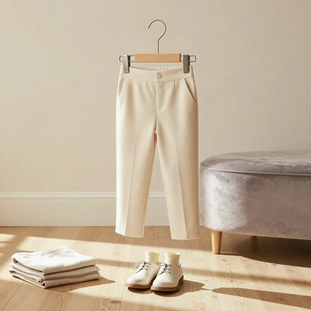 Pantalon droit suspendu au-dessus d’une banquette, avec chaussettes crème et mini Derby.