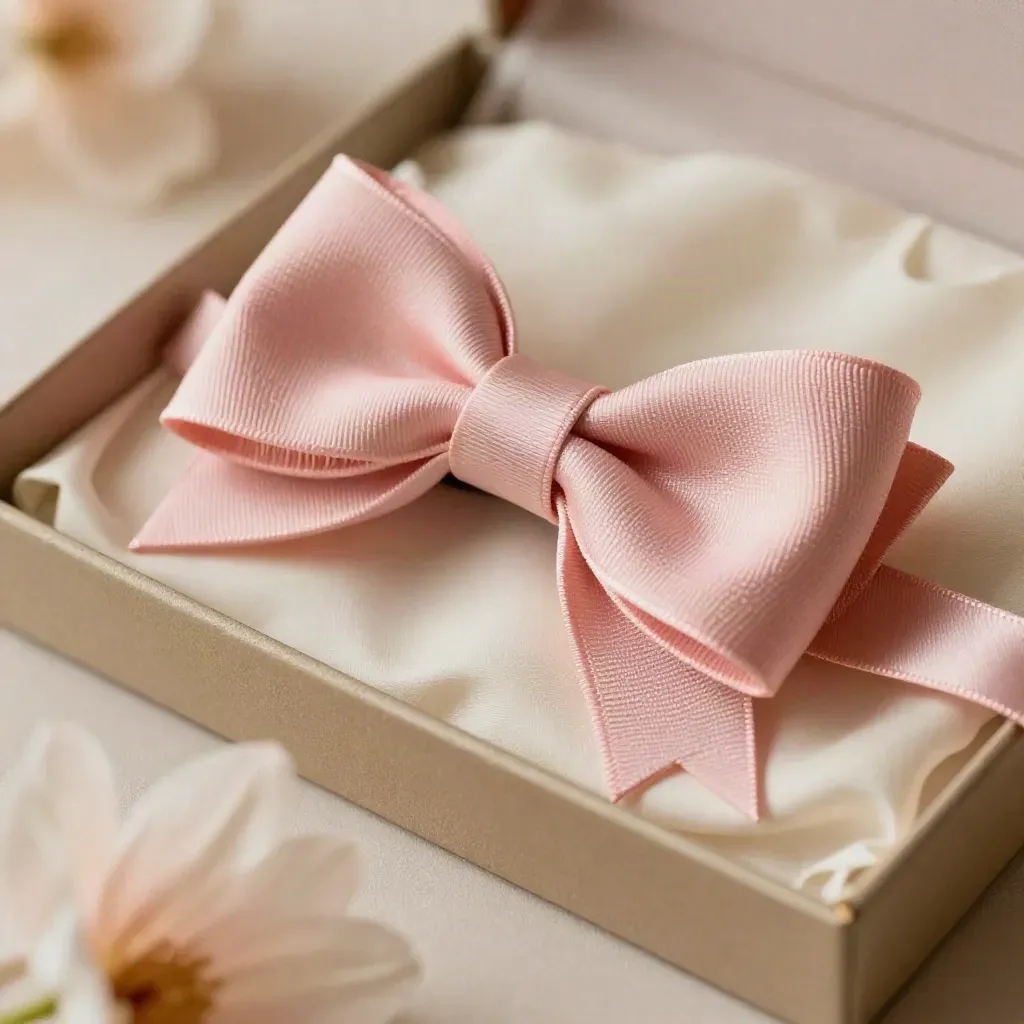 Barrette nœud rose poudré sur soie crème, en macro douce et élégante.