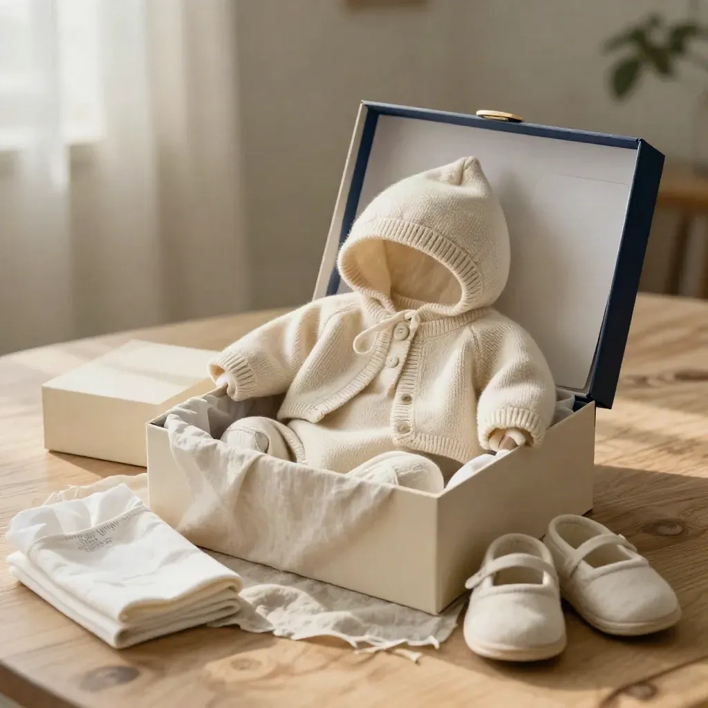Coffret bébé en maille douce, demi-ouvert sur lin clair et table de bois blond.