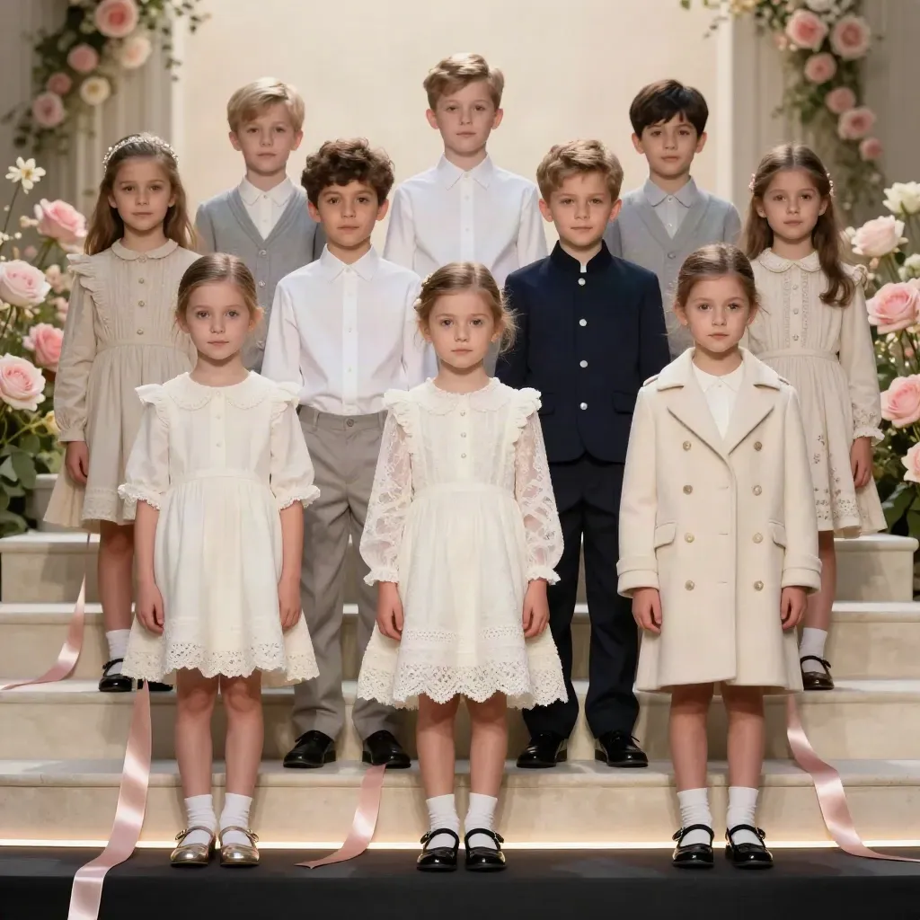 Tenues de cérémonie pour enfants sur marches claires, avec robe, chemise, manteau et chaussures vernies.