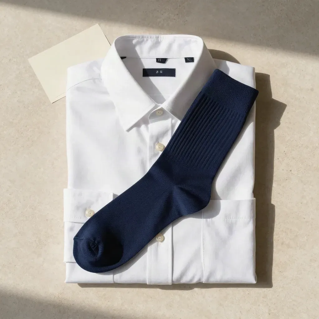 Chemise blanche pliée avec chaussettes marine et carte produit sur pierre claire.
