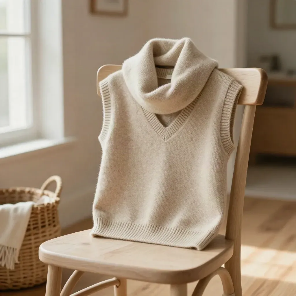 Gilet en maille avoine sur chaise en bois avec écharpe et bonnet assortis.