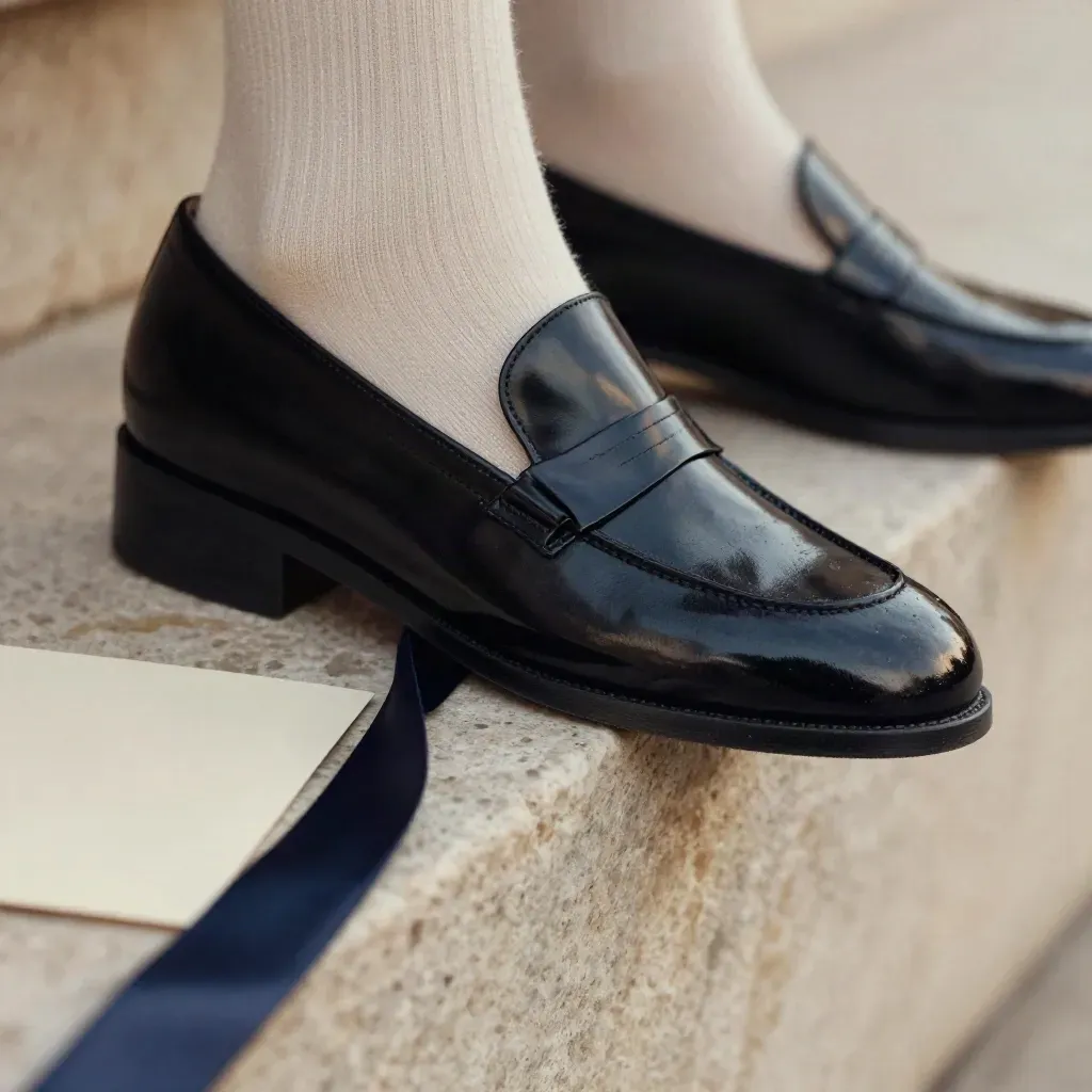 Chaussures vernies noires pour enfant sur seuil de pierre, en mouvement, avec ruban satiné.