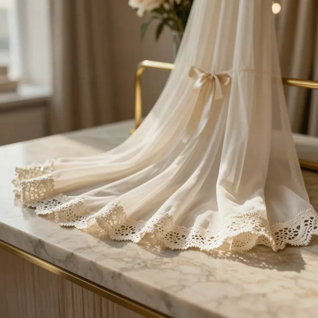 Macro de robes et jupes dans une boutique chic, marbre clair, rideaux crème, bouquet flou.