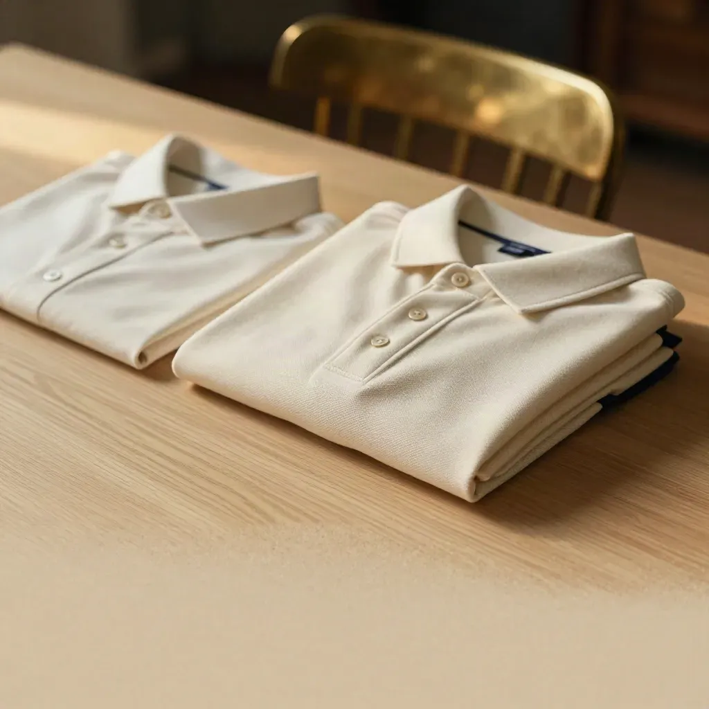 Table en chêne blond, linge crème et dossier de chaise en laiton flouté, lumière du matin.