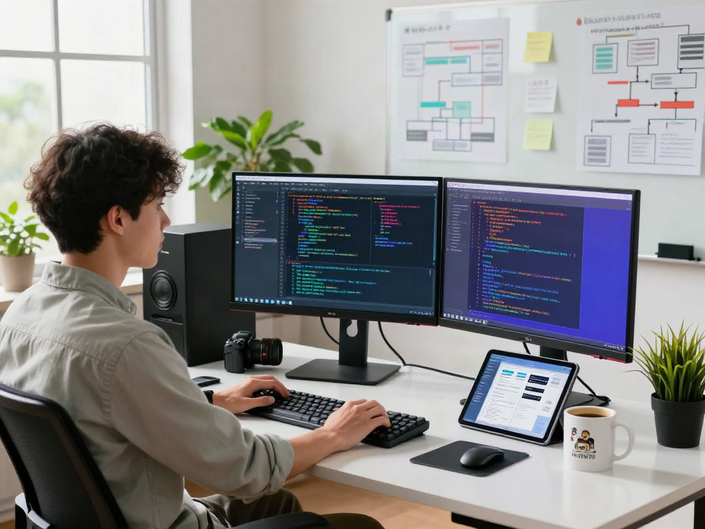 Développeur travaillant sur le logiciel Atlas pro dans un bureau moderne, entouré de matériel informatique et de notes de projet.