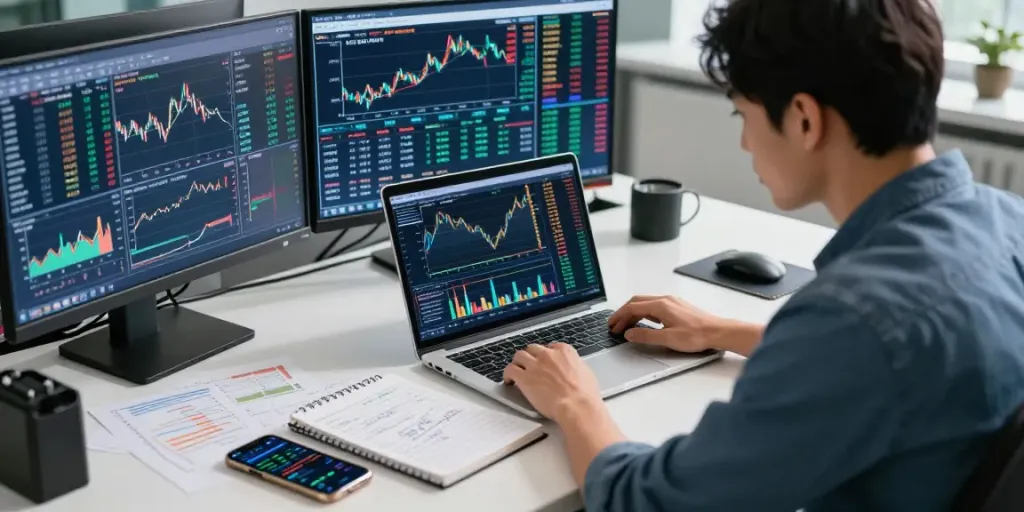 Analyse des marchés sur la plateforme la-essorinvexaro.com, trader concentré avec graphiques et alertes.